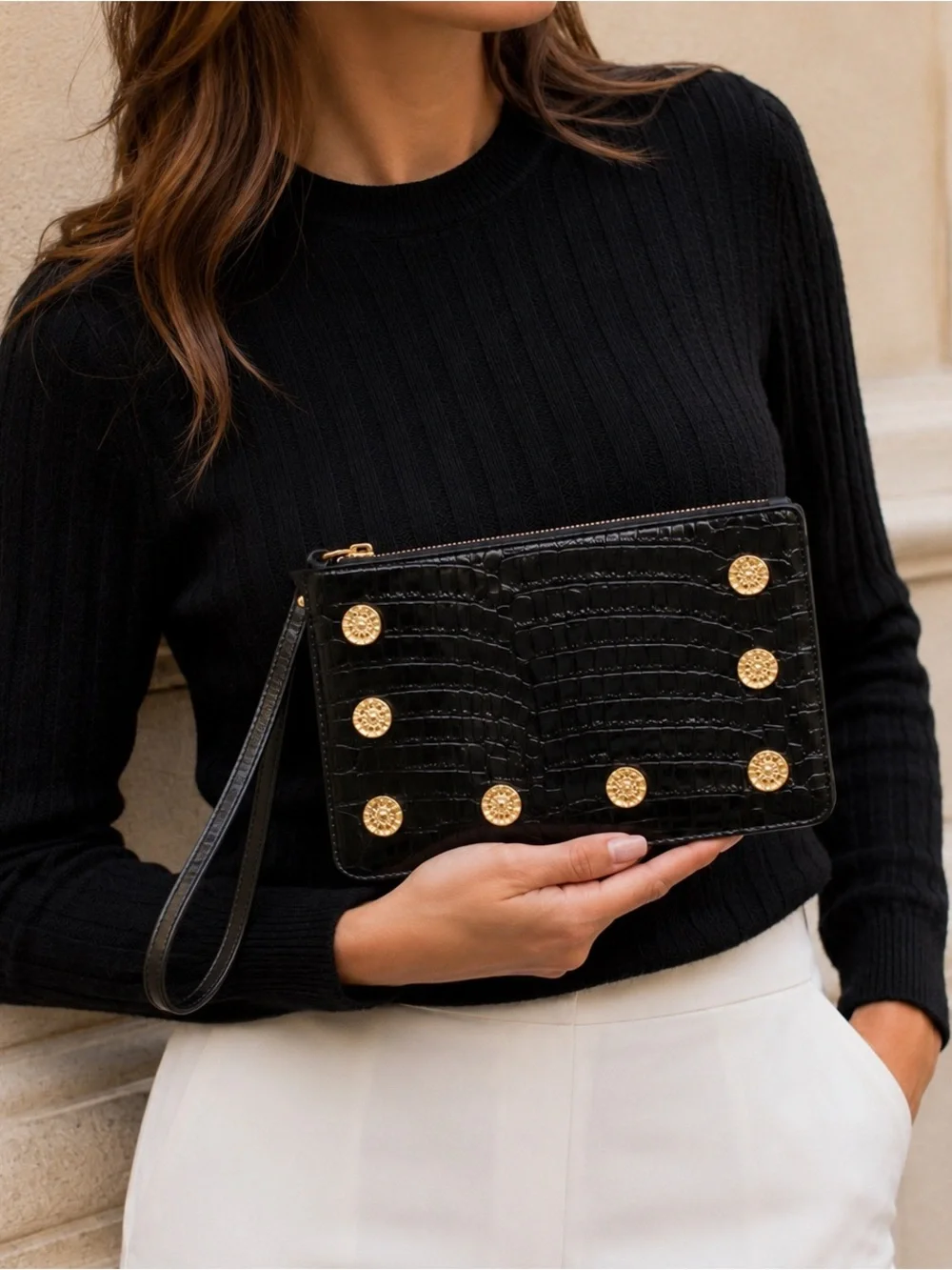 Martina Mori Made in Italy Black Croc Embossed Leather Studded Wristlet Clutch